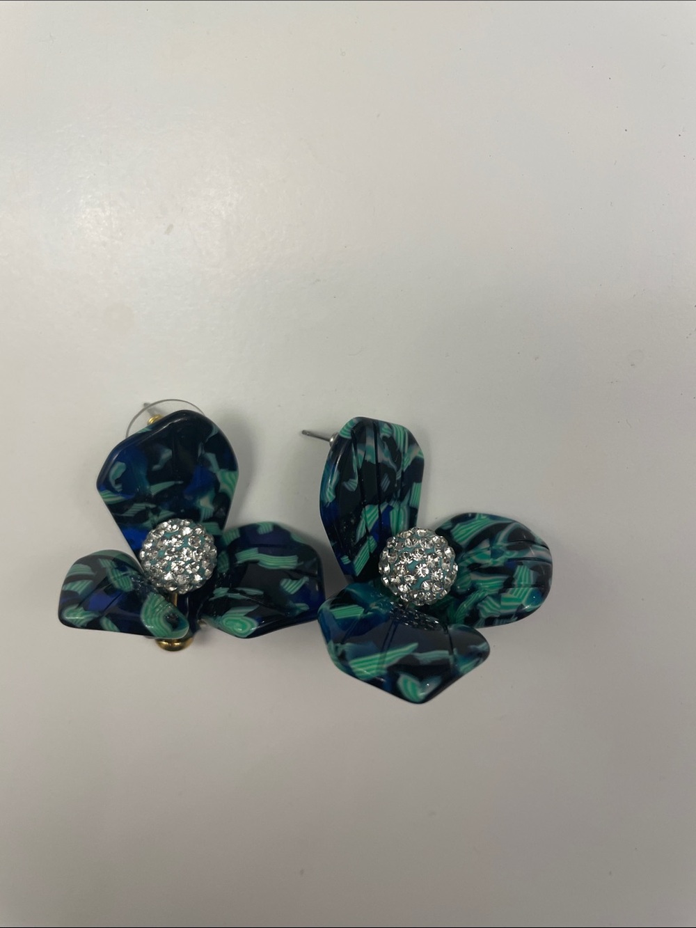 Lele Sadoughi Green and Blue Floral Resin Stud Earrings with Crystal Centers